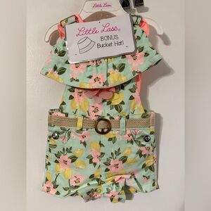 Little Lass baby 3-piece overall set with lemon & floral print 3/6 months NWT